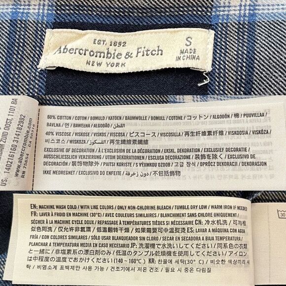 Abercrombie & Fitch Button Down Shirt | Navy Blue Plaid Flannel - Size S - Picture 8 of 12